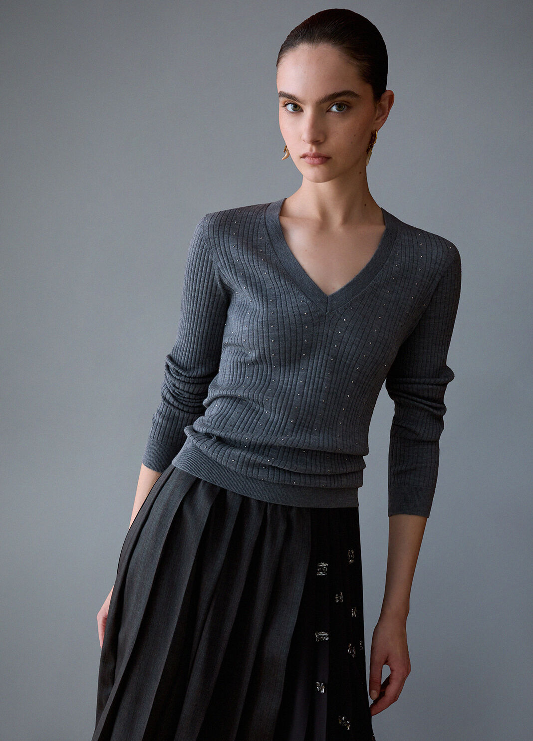 Knit in wool with V-neck grey m&eacute;lange Liu Jo - large image number 2