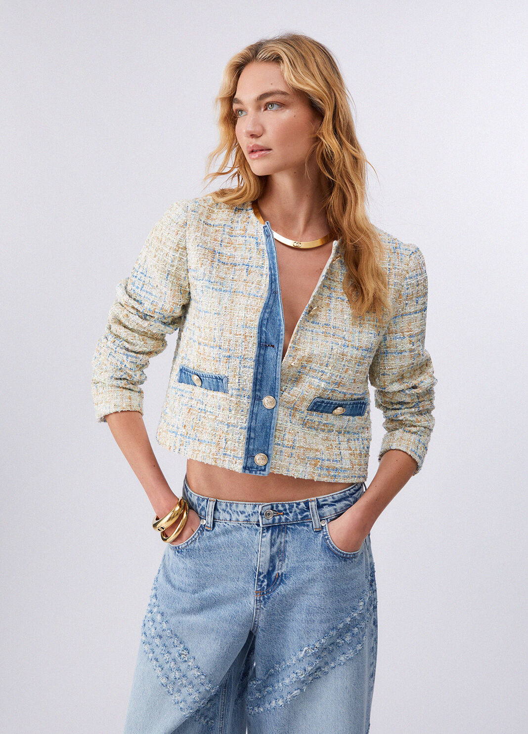 Boucl&eacute; jacket with denim details dark blue denim Liu Jo - large image number 0