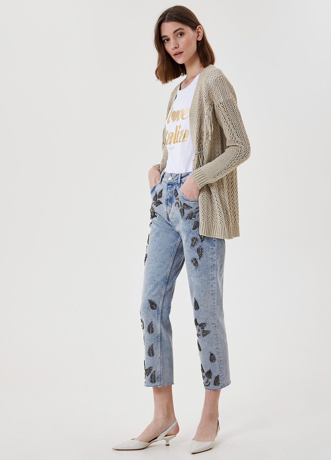 Eco-friendly cardigan with fringes Light gold Liu Jo - large image number 3