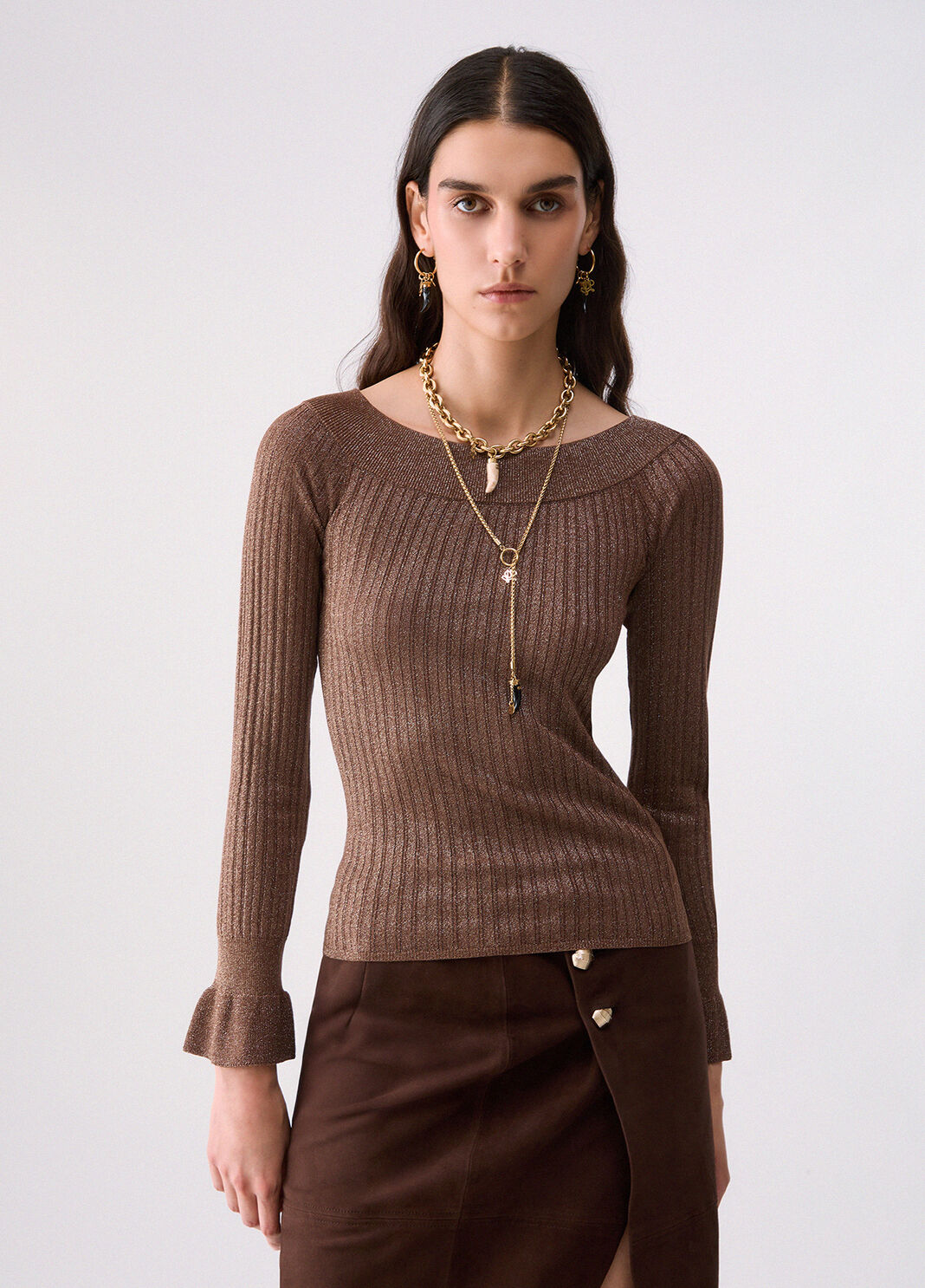 Maille avec encolure Bardot marron Liu Jo - large image number 0