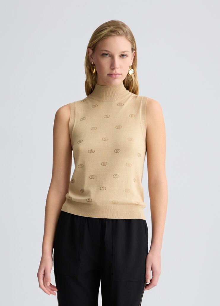 Knit top with logo and rhinestones beige Liu Jo - medium Knit top with logo and rhinestones beige Liu Jo - medium