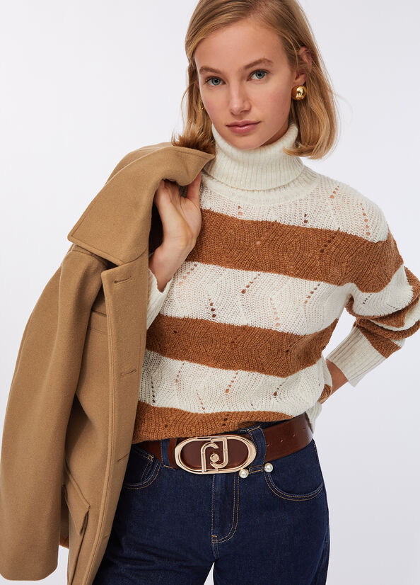 Jersey de cuello alto a rayas de lana y alpaca blanco Liu Jo - medium