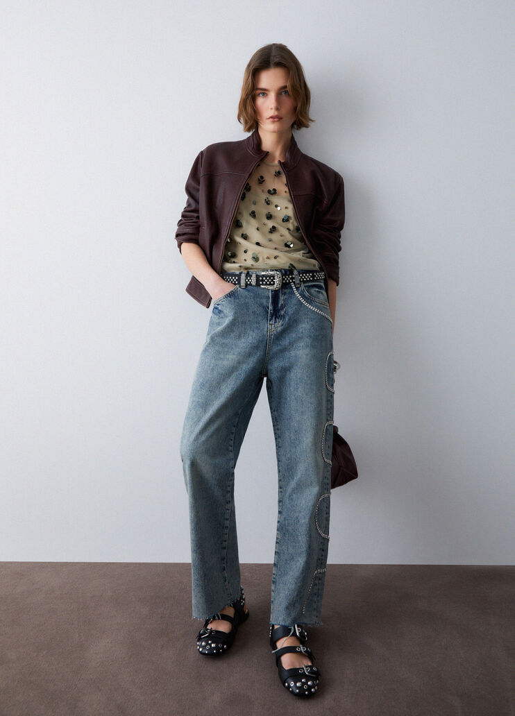 Vaqueros tobilleros con bordados joya denim azul Liu Jo - medium