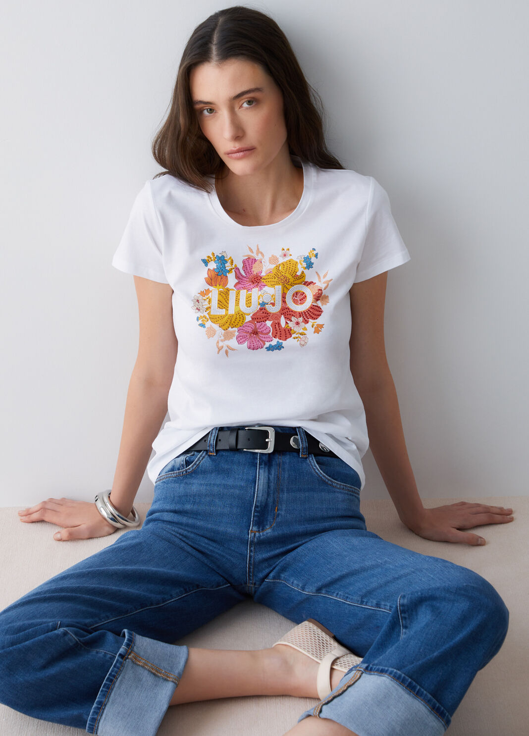 Printed T-shirt with rhinestones white/multicolour Liu Jo - large image number 3