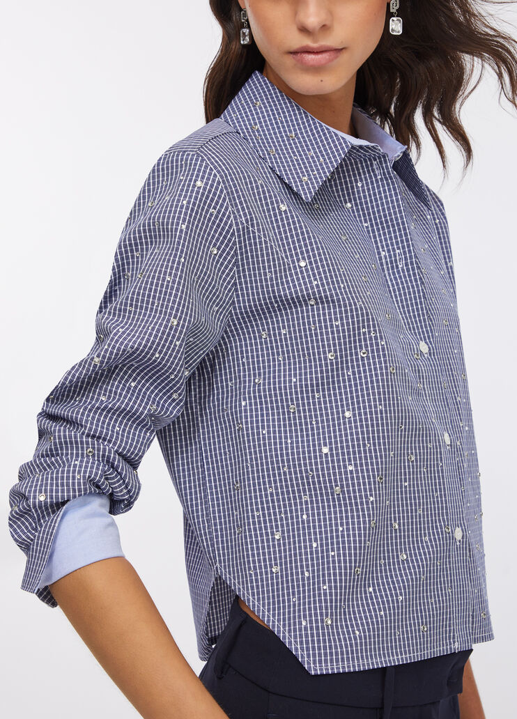 Chemise en popeline avec strass carreaux bleu foncé Liu Jo - large image number 3