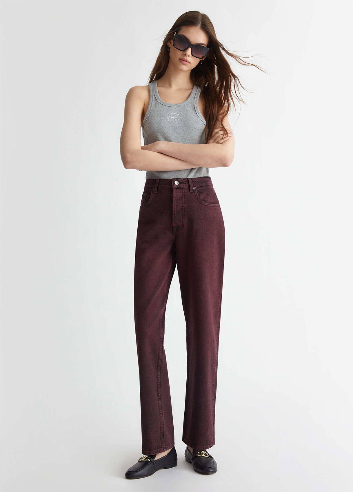Jean bordeau taille haute top
