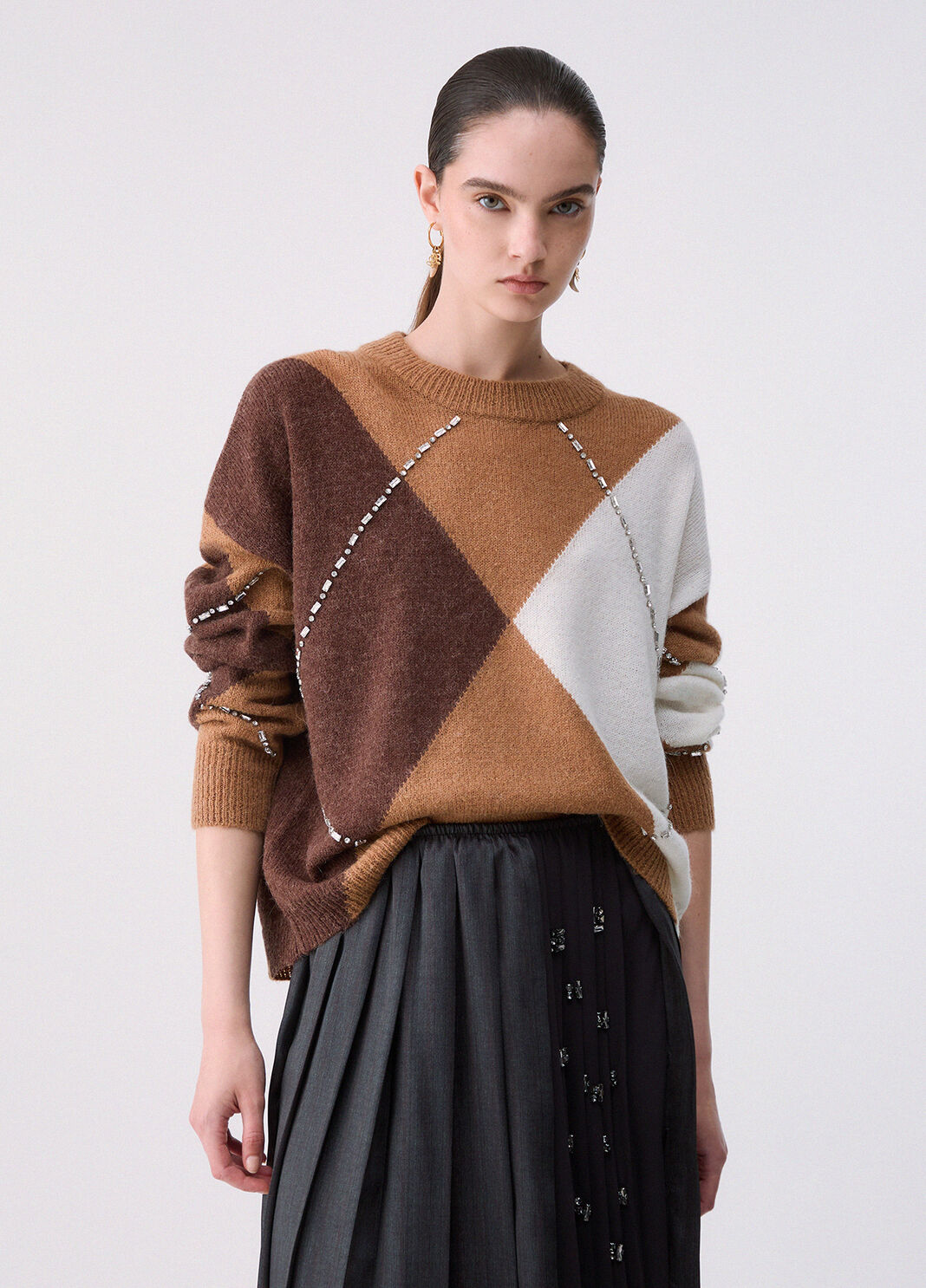 Argyle Sweater with Jewel Embroidery camel Liu Jo - large image number 0