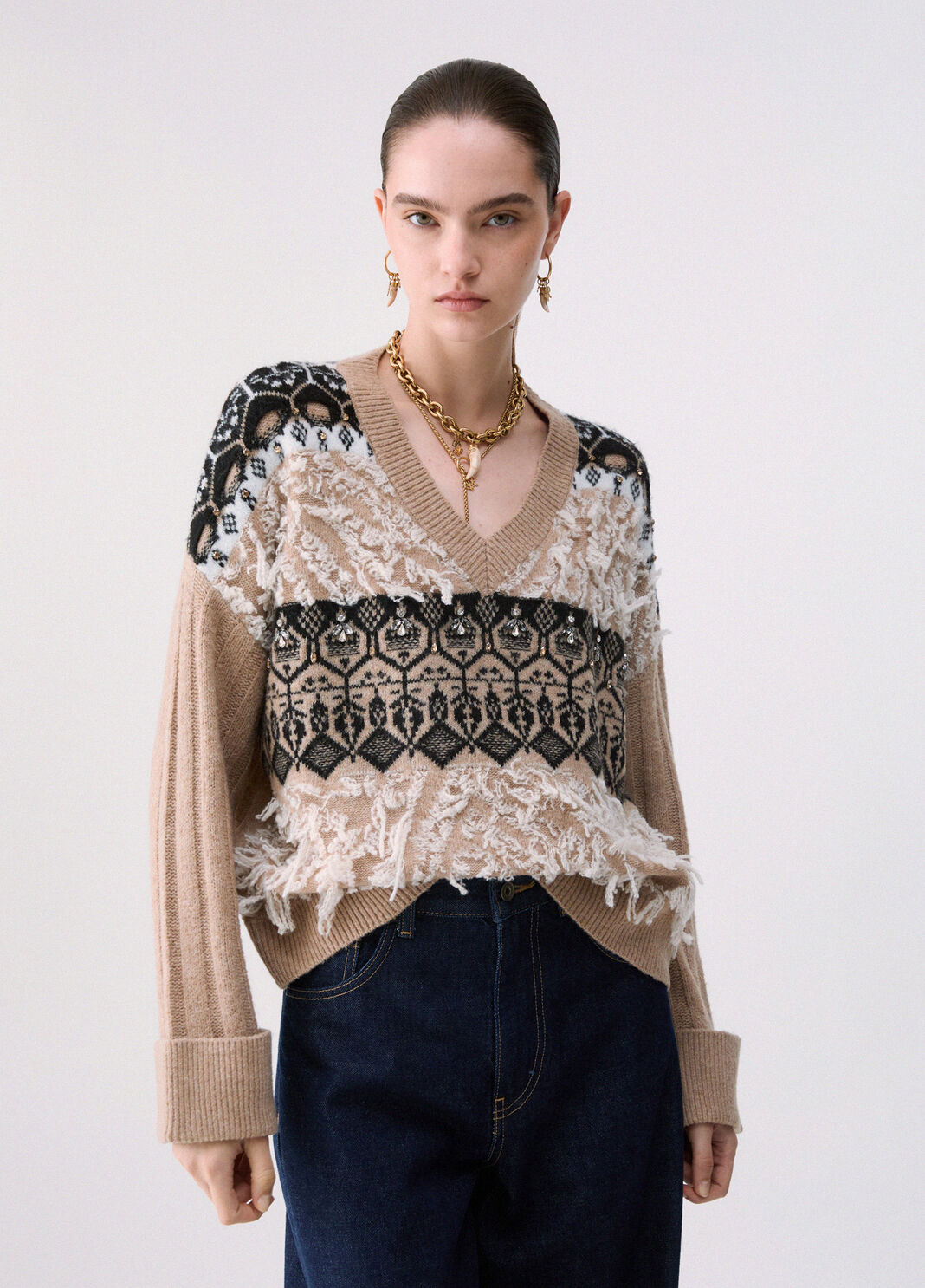 Maille jacquard avec broderies bijoux beige Liu Jo - large image number 0