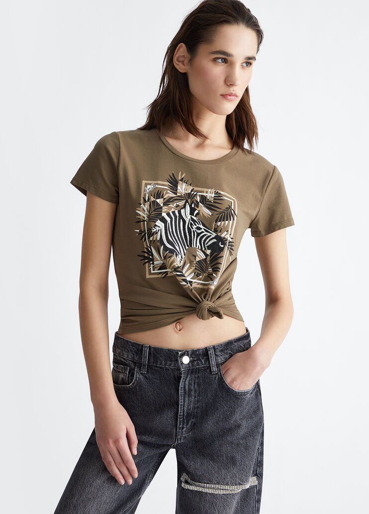 T-shirt with zebra print and gemstones colour zebra print | Liu Jo