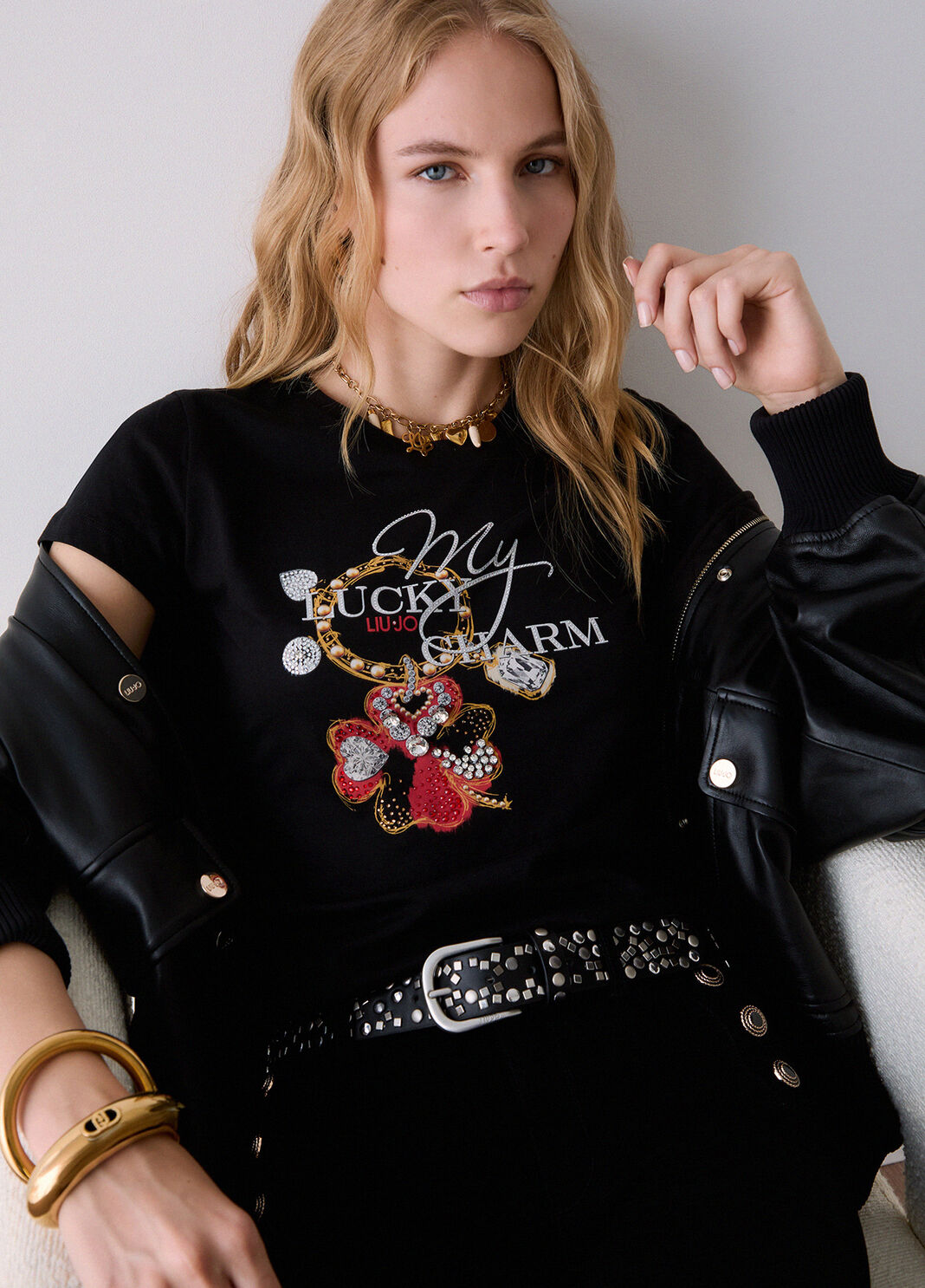 T-shirt with jewel embroidery black/four-leaf clover print Liu Jo - large image number 3