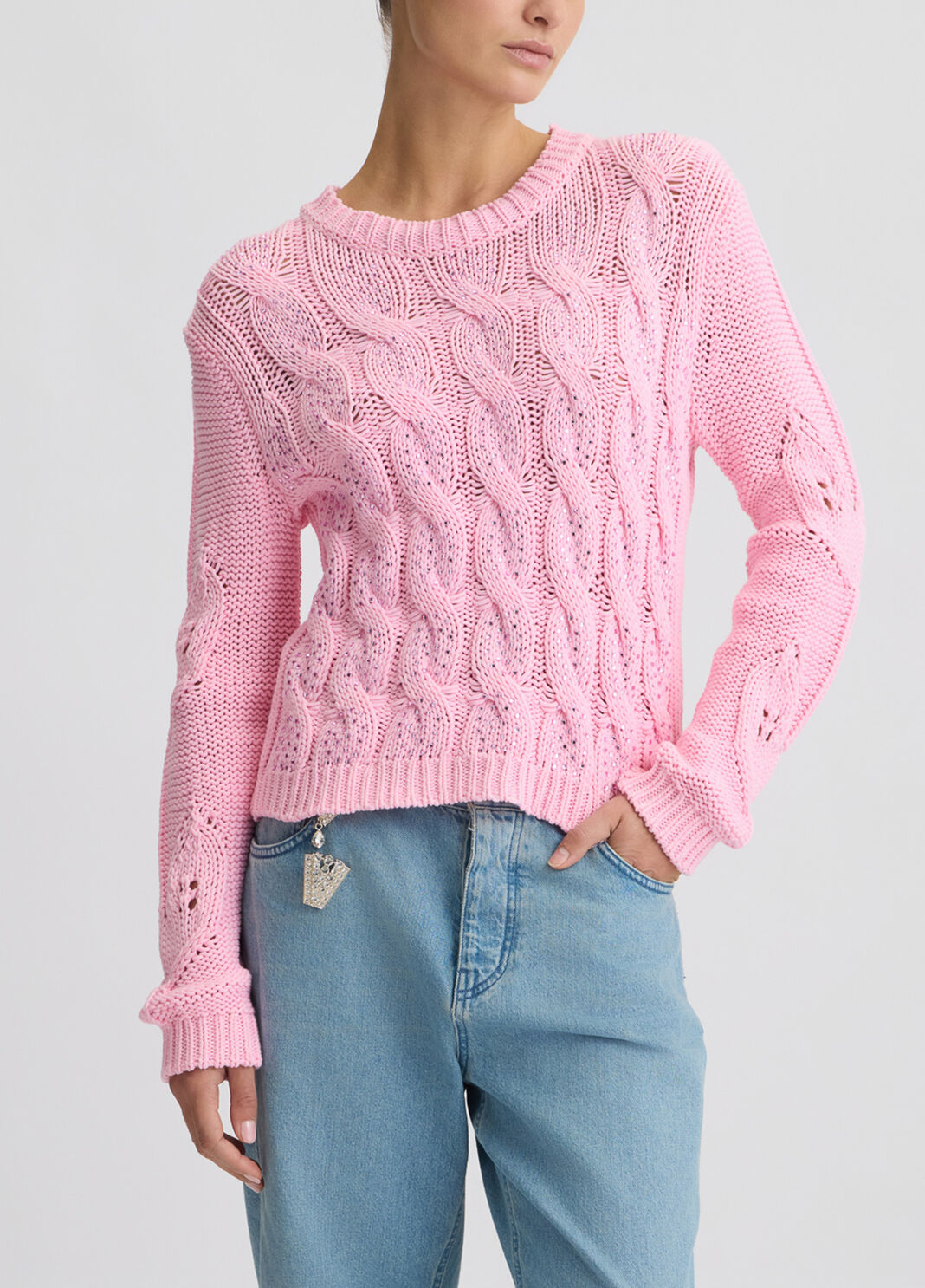 Cable-knit jumper with rhinestones pink Liu Jo - large image number 0