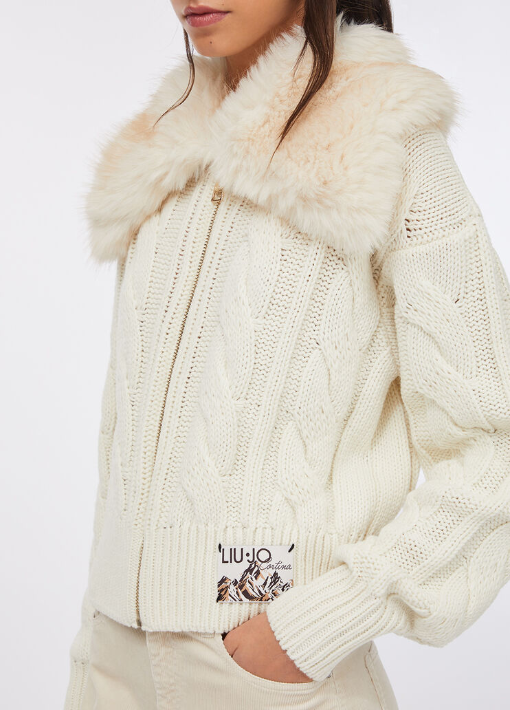 Cardigan in lana con pelliccia sintetica panna Liu Jo - medium
