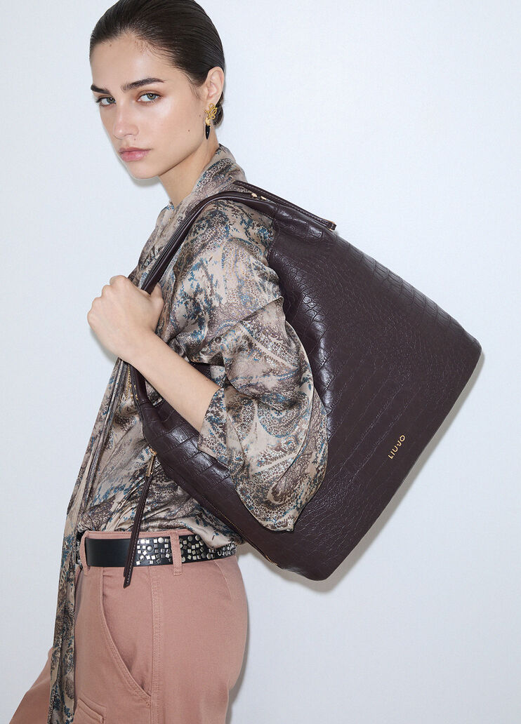 Large Croc-Effect Tote Bag dark brown Liu Jo - medium