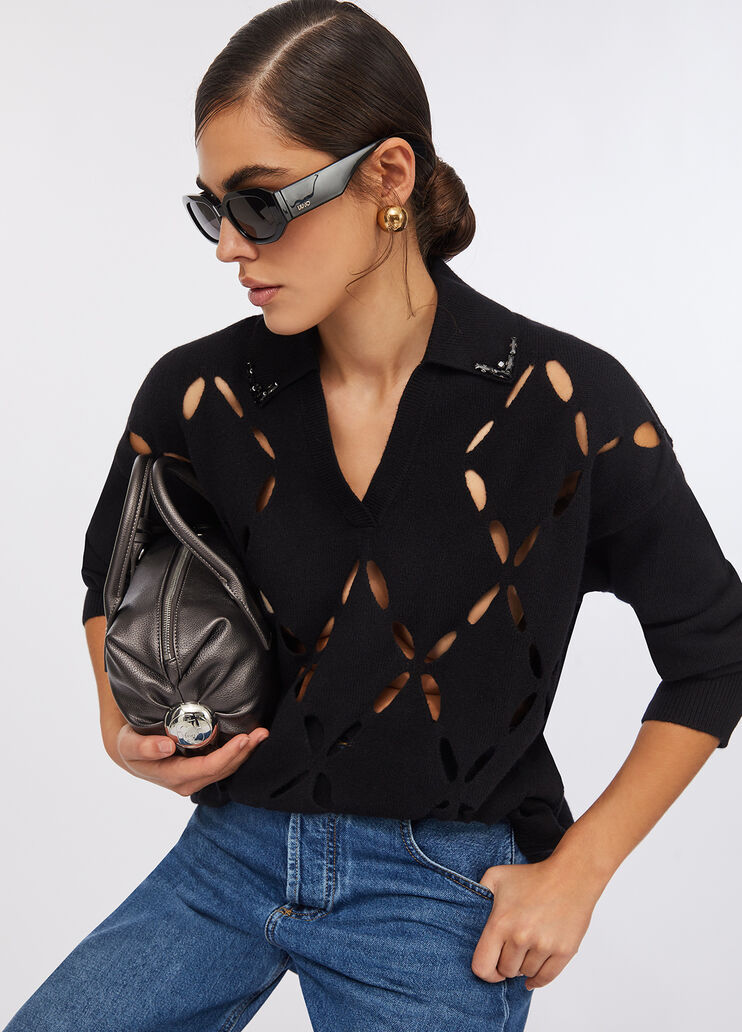 100% wool jumper with bejewelled embroidery black Liu Jo - large image number 2