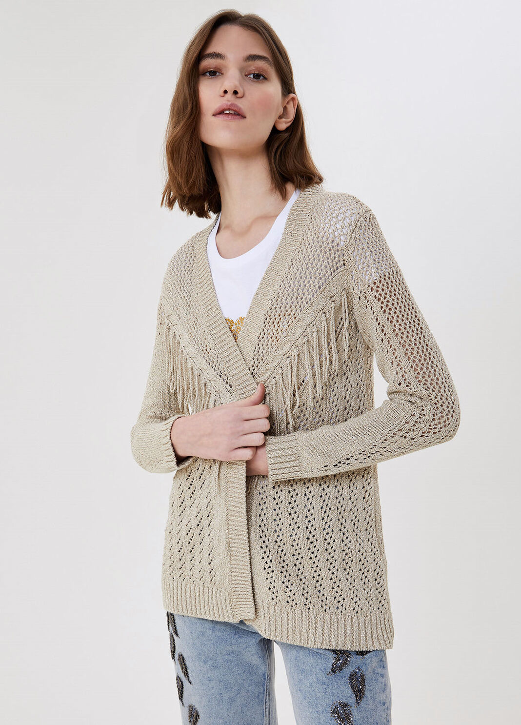 Eco-friendly cardigan with fringes Light gold Liu Jo - large image number 0