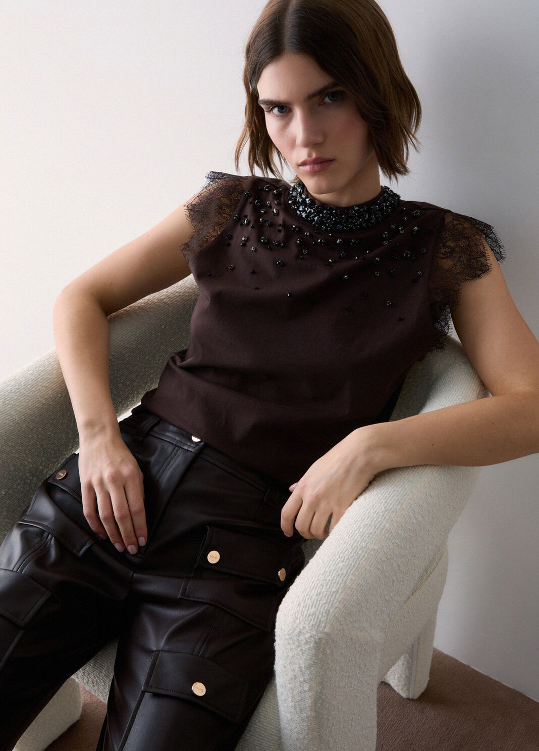 T-shirt avec dentelle et strass moka Liu Jo - large image number 3