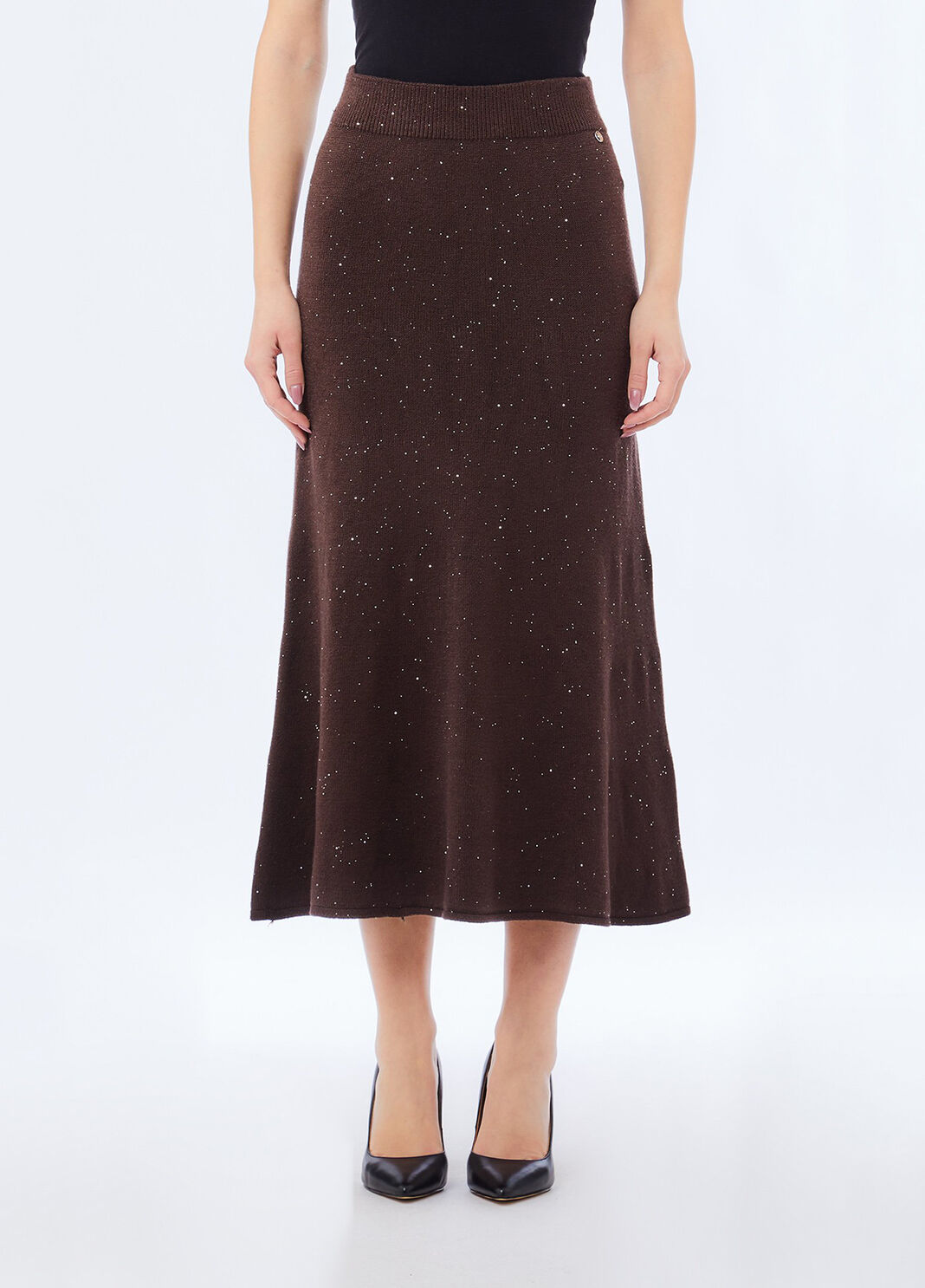 Jupe midi en maille avec paillettes chocolat Liu Jo - large image number 0