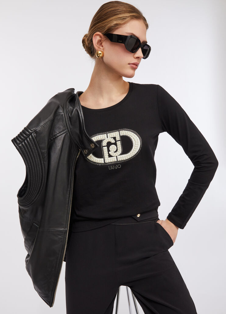 Cotton T-shirt with logo black/monogram Liu Jo - medium