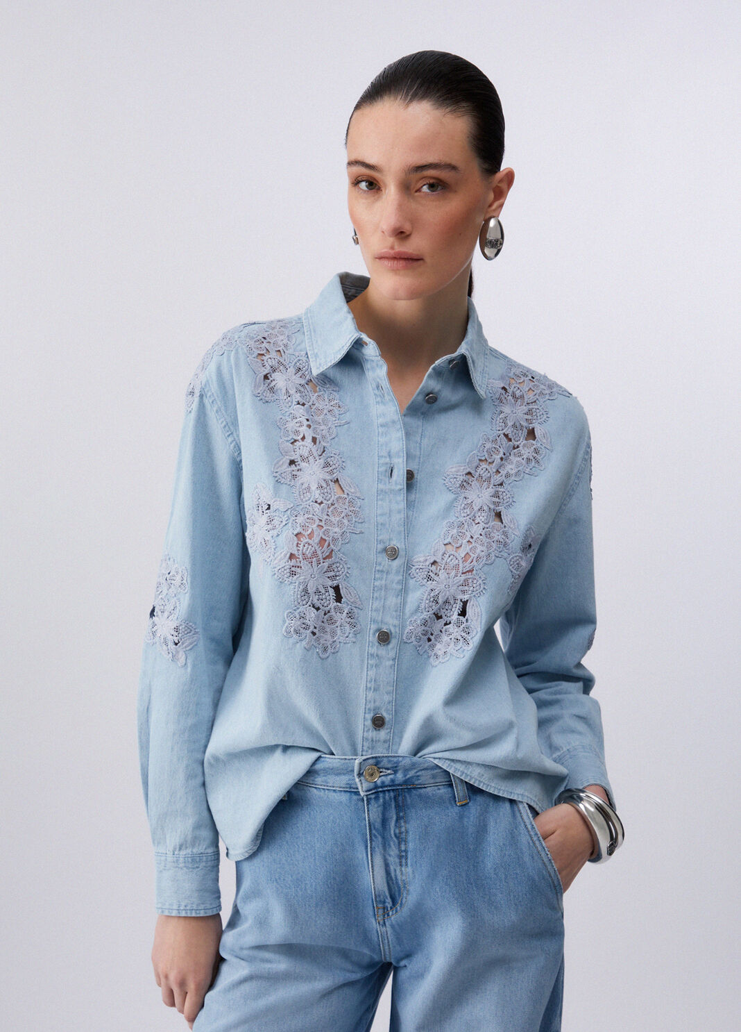 Denim shirt with lace light denim Liu Jo - large image number 0