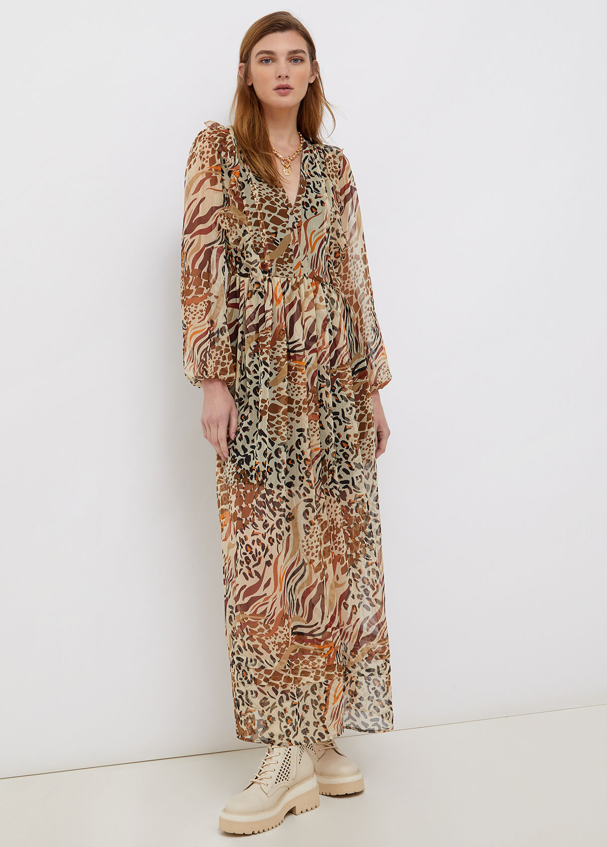 Women Leopard Print Dress Long Sleeve High Waist O Neck Casual Dress -  Trang phục nữ