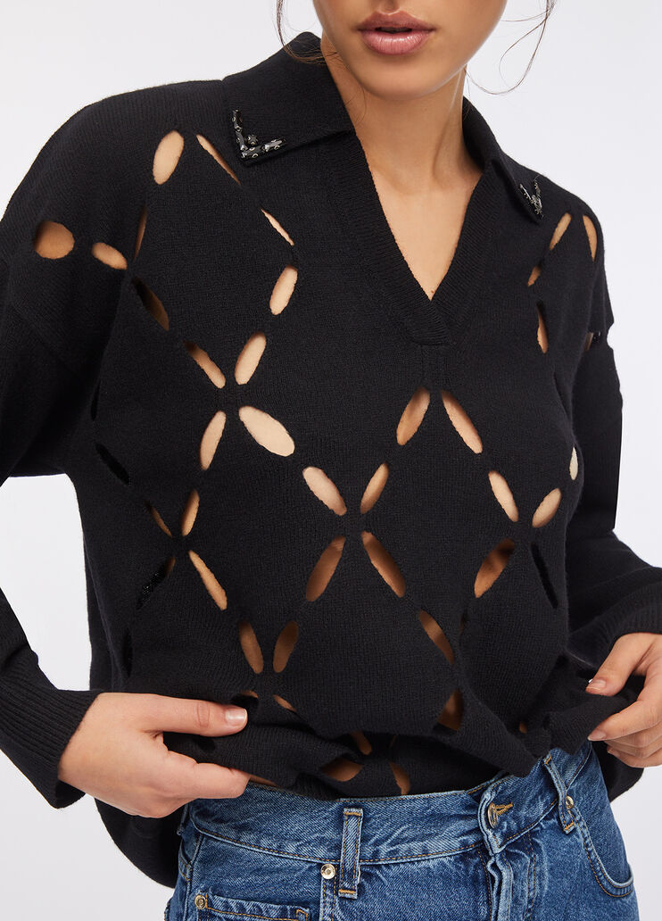 Pullover aus 100 % Wolle mit Schmuckstickerei Schwarz Liu Jo - medium