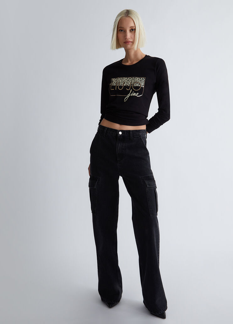 Eco-friendly T-shirt with logo and gemstones black/animal-print Liu Jo - look Eco-friendly T-shirt with logo and gemstones black/animal-print Liu Jo - look