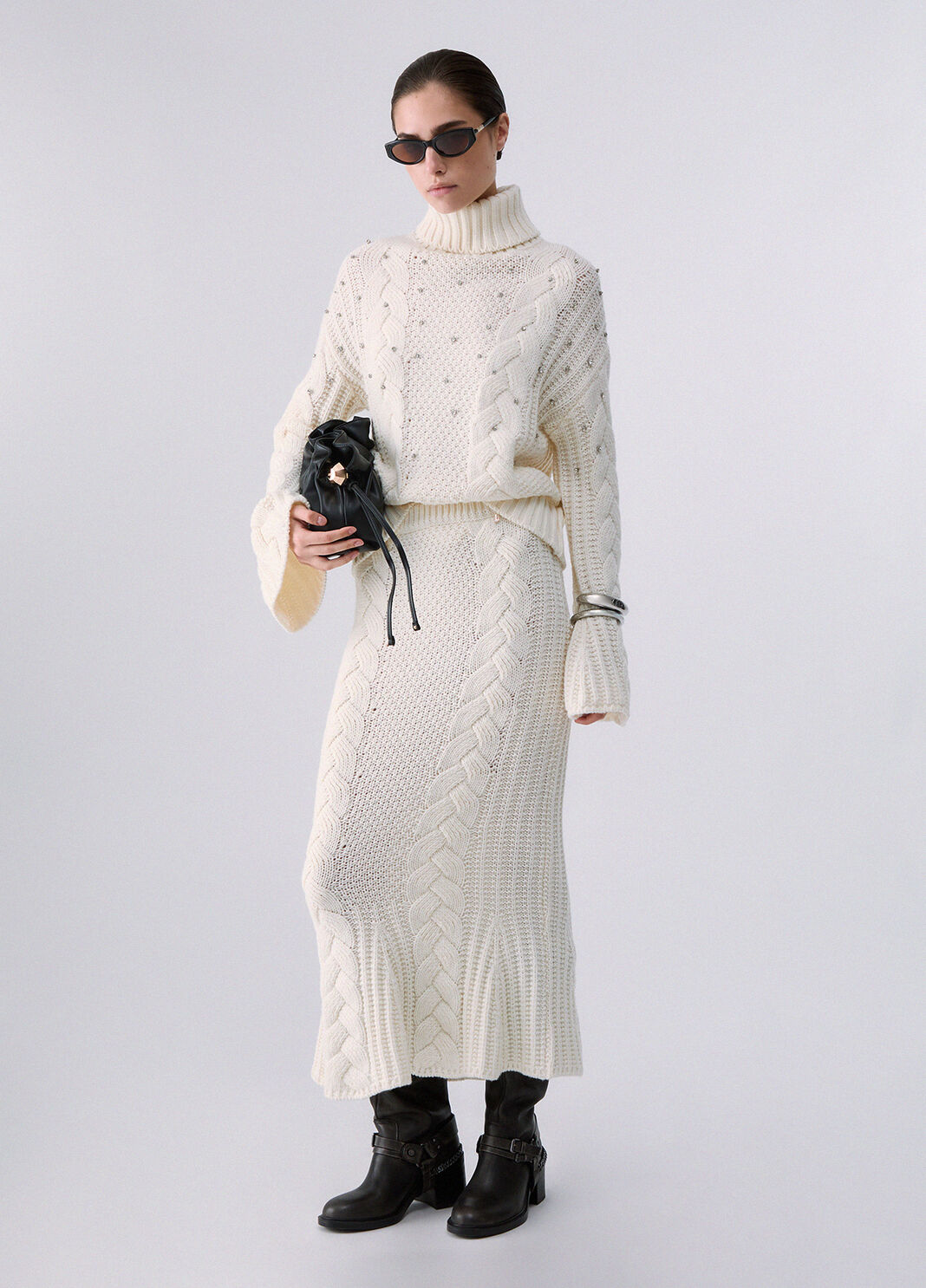 Cable Knit Turtleneck with Rhinestones white wool Liu Jo - large image number 5