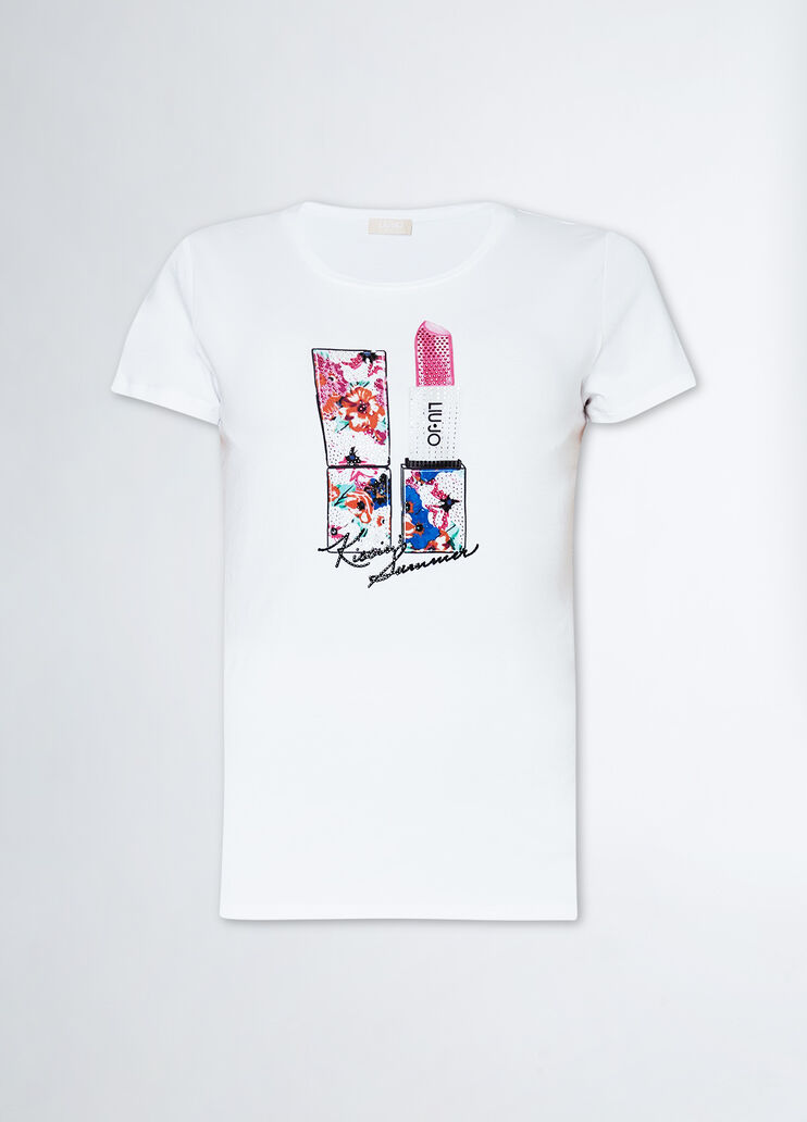 T-Shirt mit Lipstick-Print und Strass Farbe Lippenstift | Liu Jo