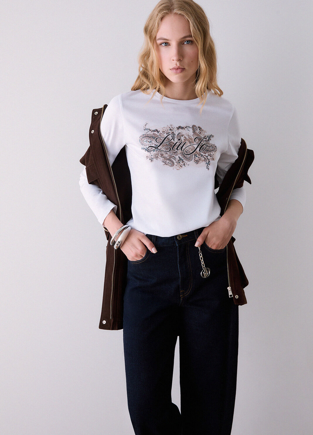 Skinny fit T-shirt with logo white/beige Liu Jo - large image number 3