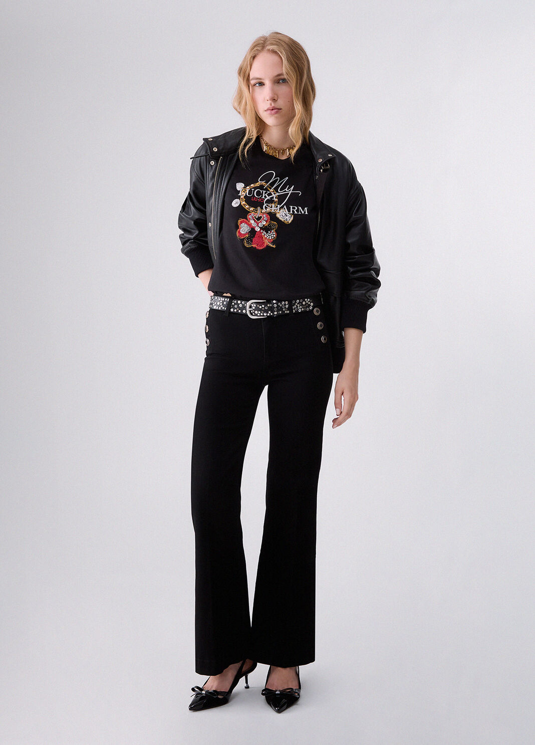 T-shirt with jewel embroidery black/four-leaf clover print Liu Jo - large image number 5