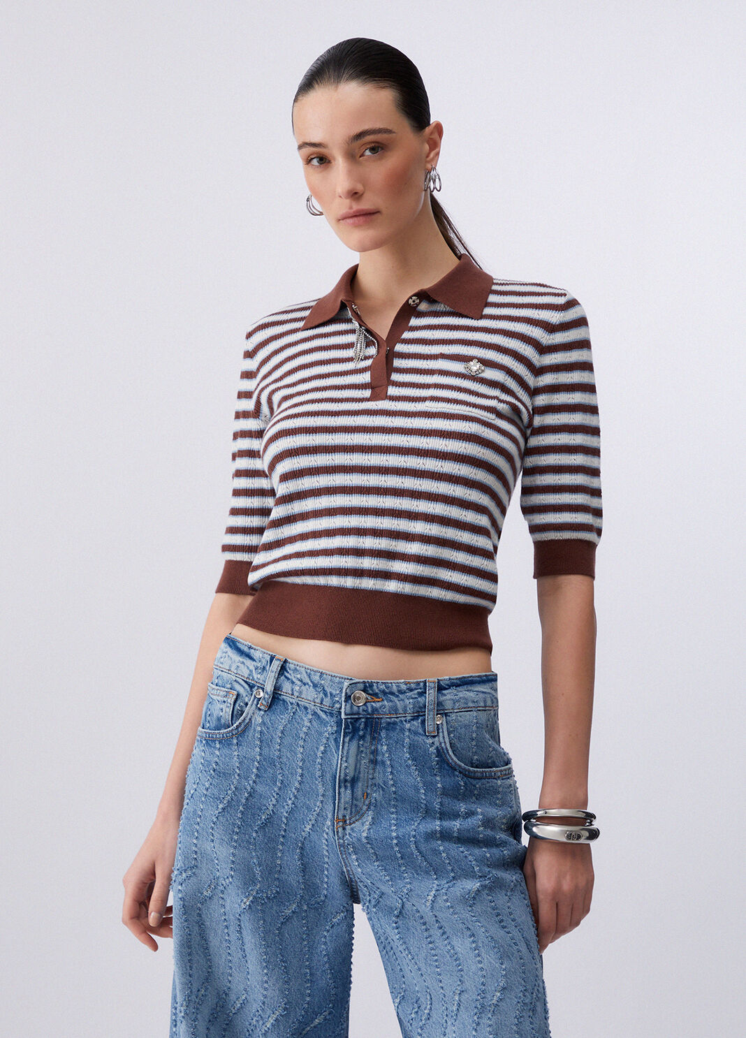 Gestreifter Pullover mit Schmuckdetails braun Liu Jo - large image number 0