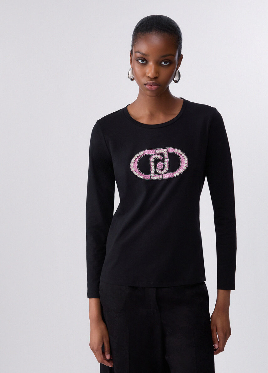 Long-sleeve T-shirt with sequins colour black/monogram | Liu Jo