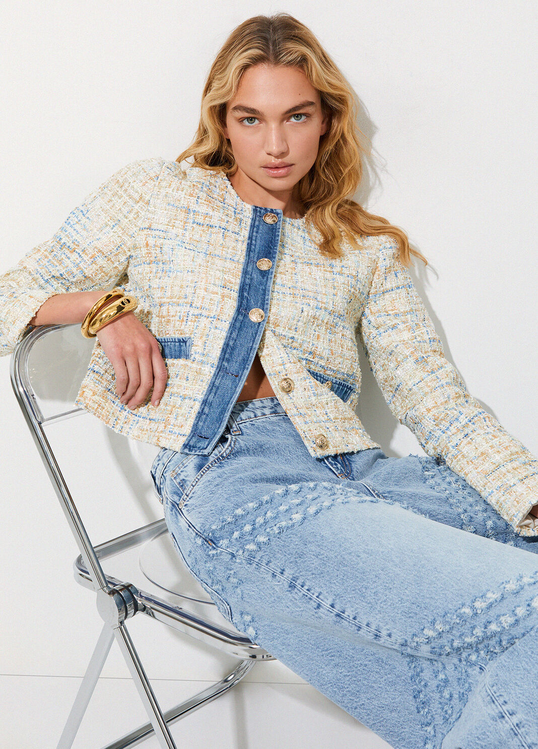 Boucl&eacute; jacket with denim details dark blue denim Liu Jo - large image number 2