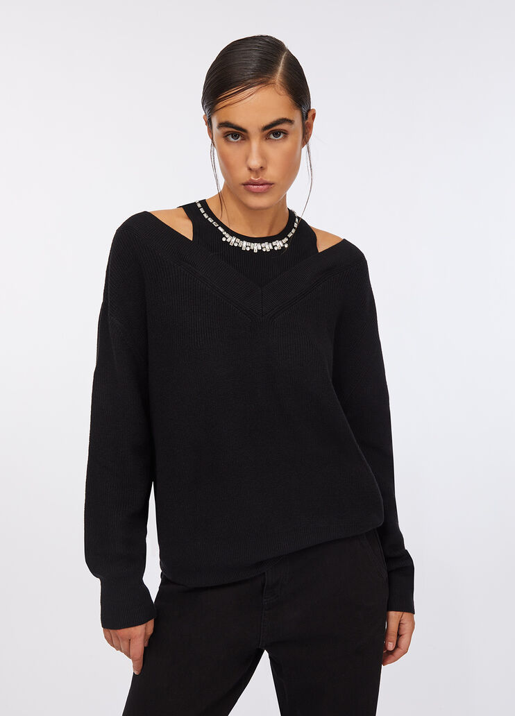 Jumper with bejewelled embroidery black Liu Jo - large image number 0