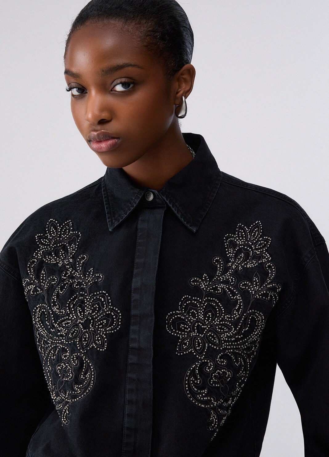 Denim bodysuit shirt with embroidery black denim Liu Jo - large image number 4