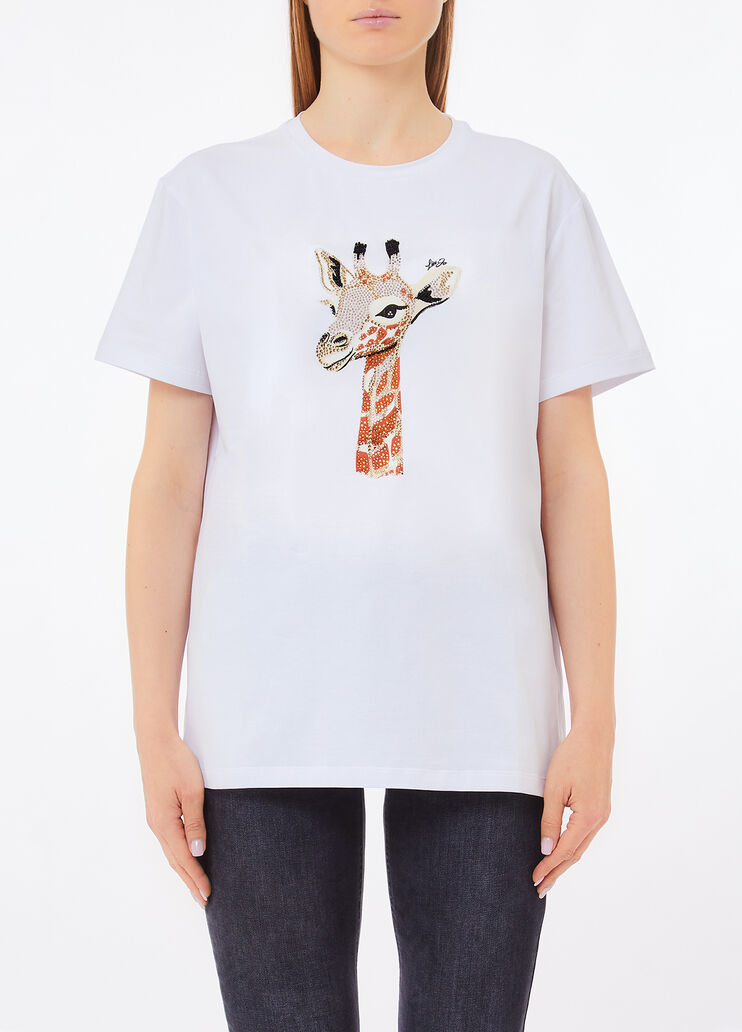 T-shirt en coton avec imprim&eacute; et strass blanc et girafe Liu Jo - medium