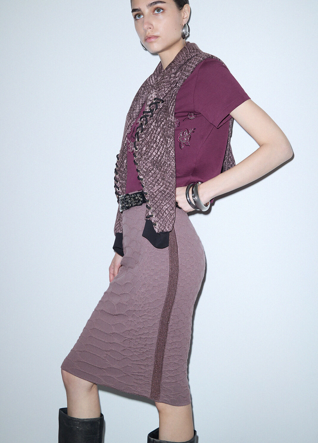 Jupe Midi en Maille Jacquard rose fonc&eacute; Liu Jo - large image number 3