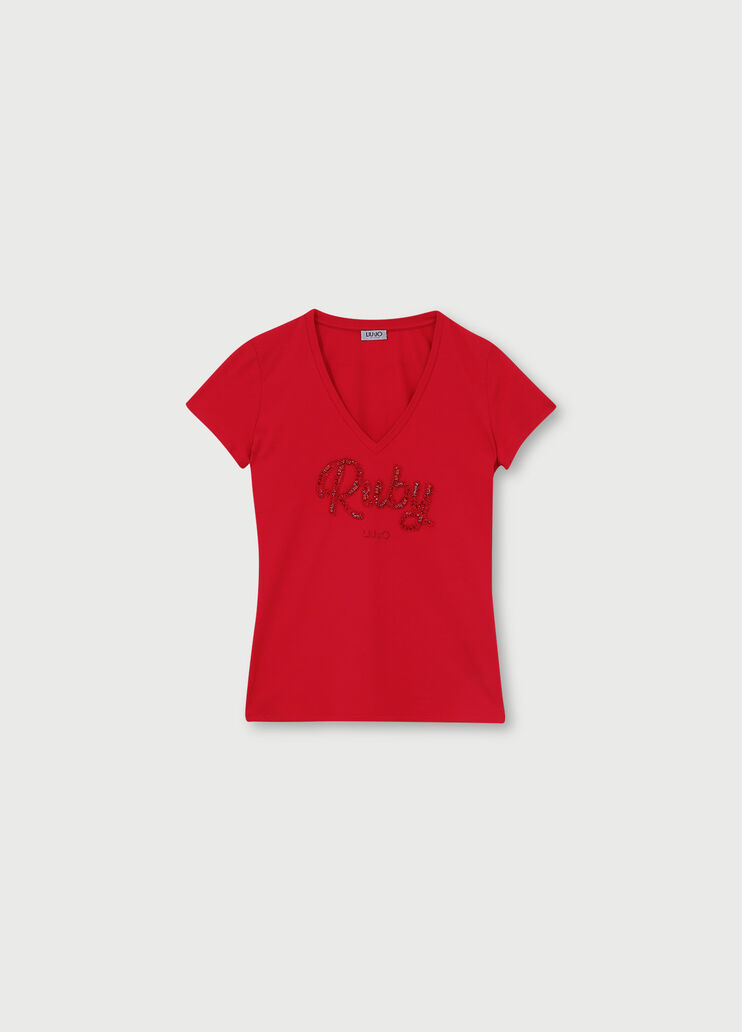 T-shirt with appliqués Cherry Red Liu Jo - large image number 4