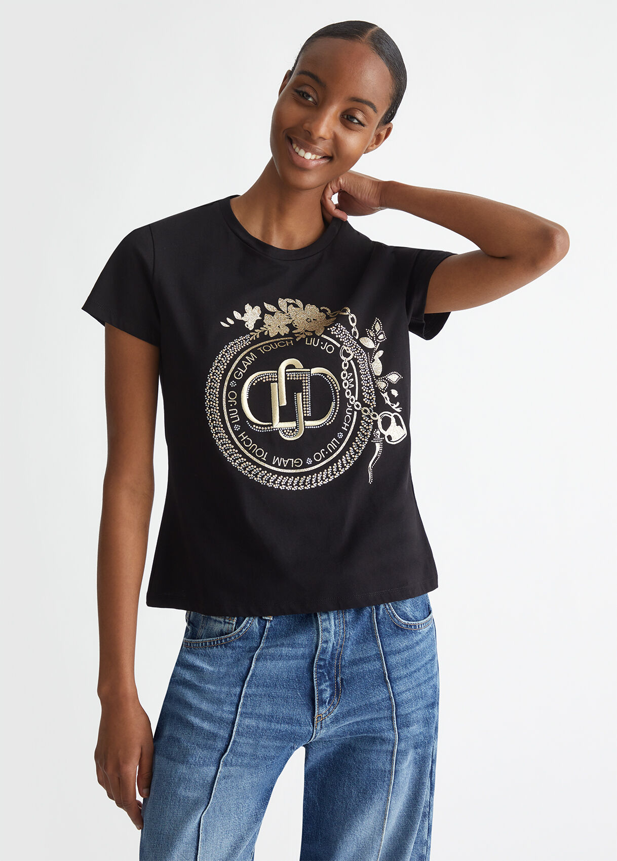 T shirt with logo and gemstones colour black Liu Jo