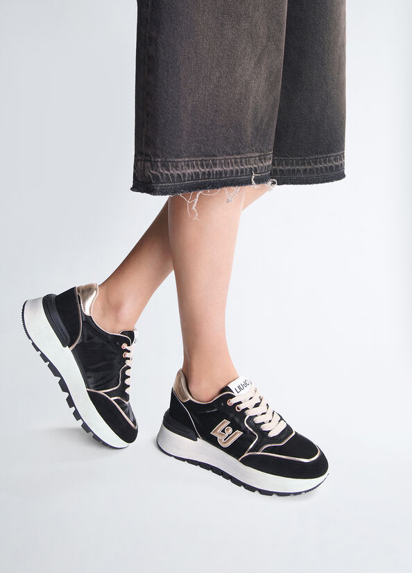 Plateau-Sneaker aus Veloursleder und glänzendem Nylon Farbe 