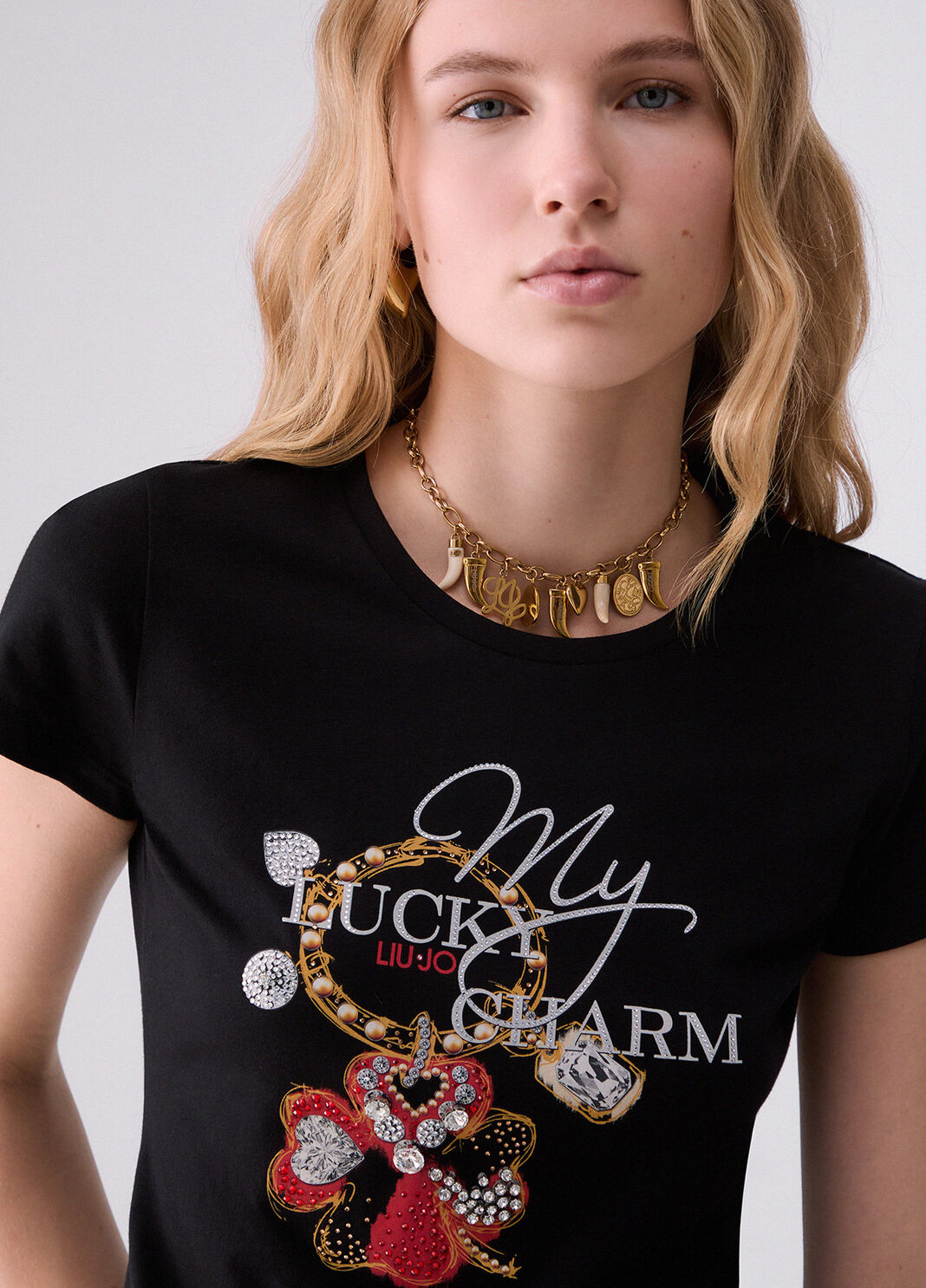 T-shirt with jewel embroidery black/four-leaf clover print Liu Jo - large image number 4