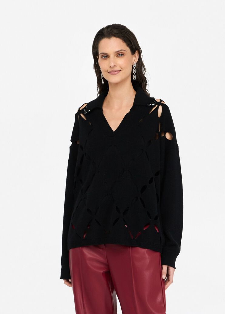 Pullover aus 100 % Wolle mit Schmuckstickerei Schwarz Liu Jo - medium Pullover aus 100 % Wolle mit Schmuckstickerei Schwarz Liu Jo - medium