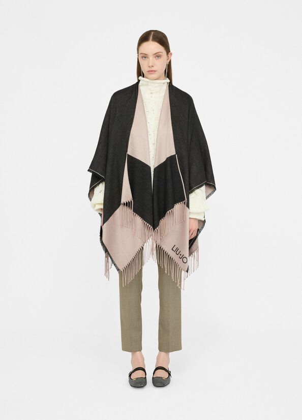 Poncho with logo and fringes black Liu Jo - medium