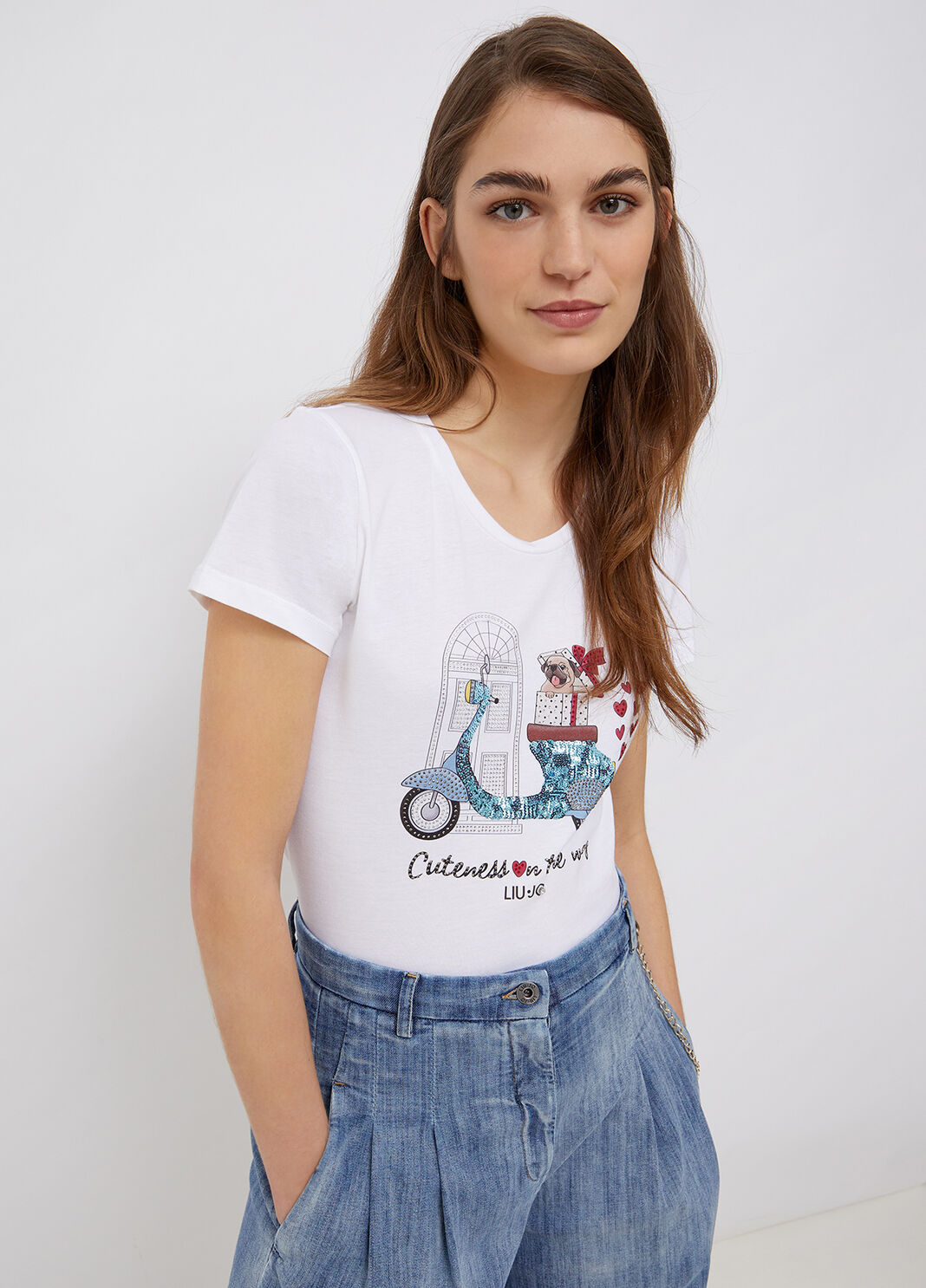 T-shirt con stampa e applicazioni bianco/scooter Liu Jo - large image number 0
