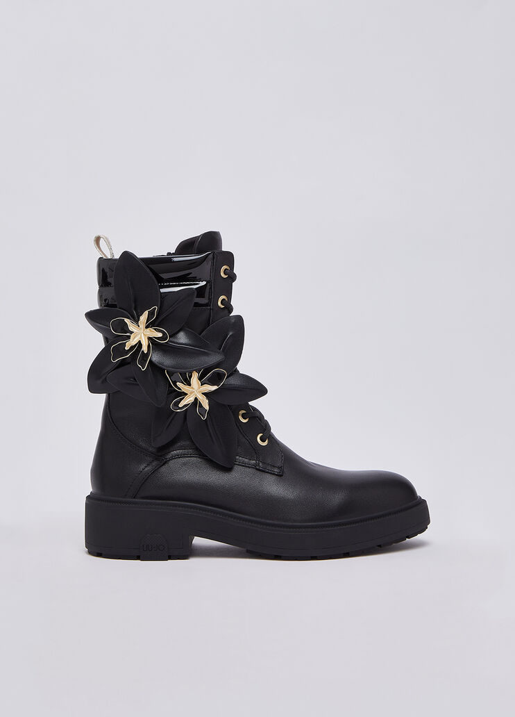 Combat boots in leather with maxi flowers black Liu Jo - medium