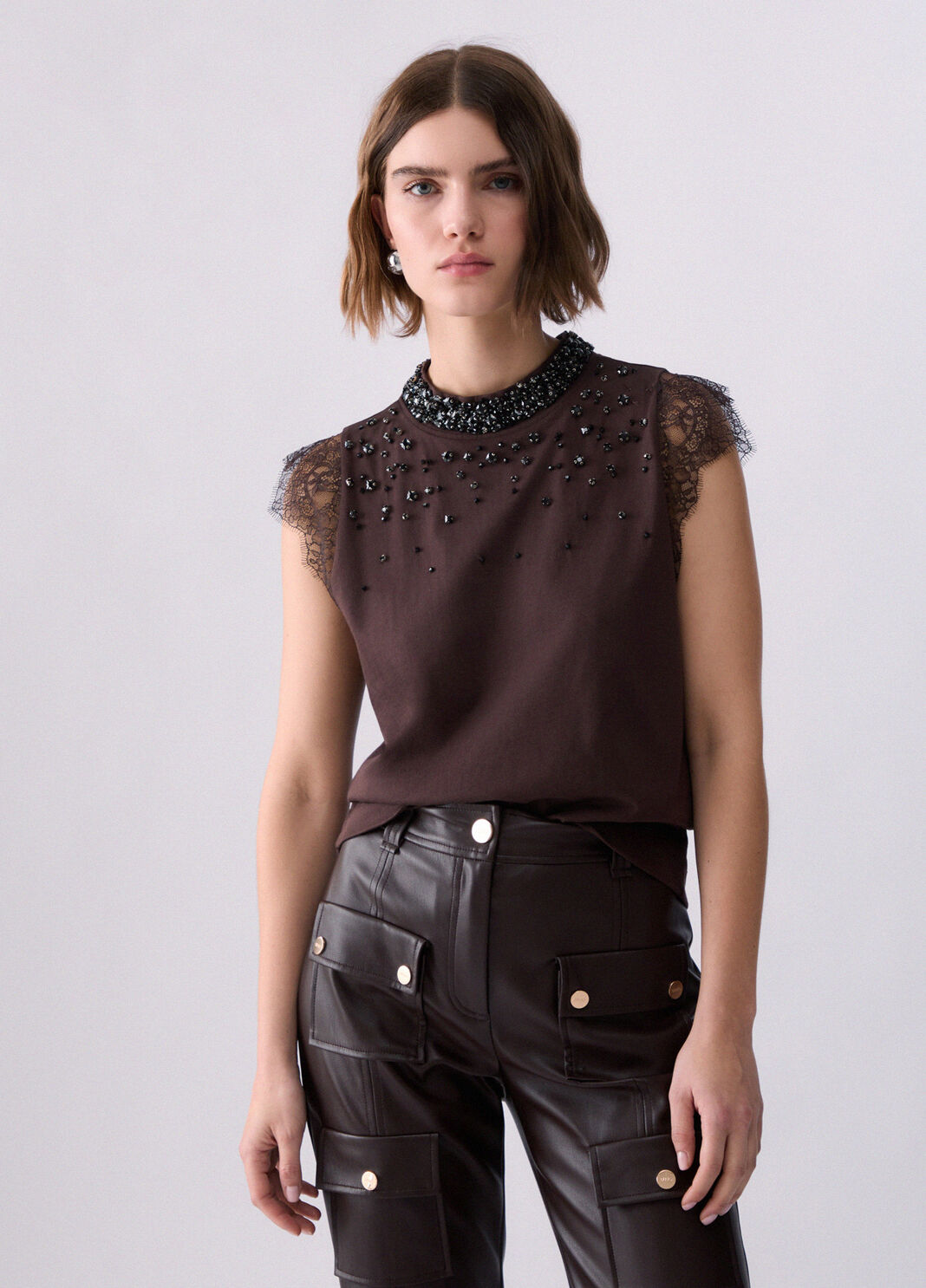 T-shirt avec dentelle et strass moka Liu Jo - large image number 0