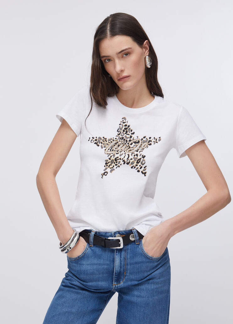 Printed T-shirt with rhinestones white/star Liu Jo - medium