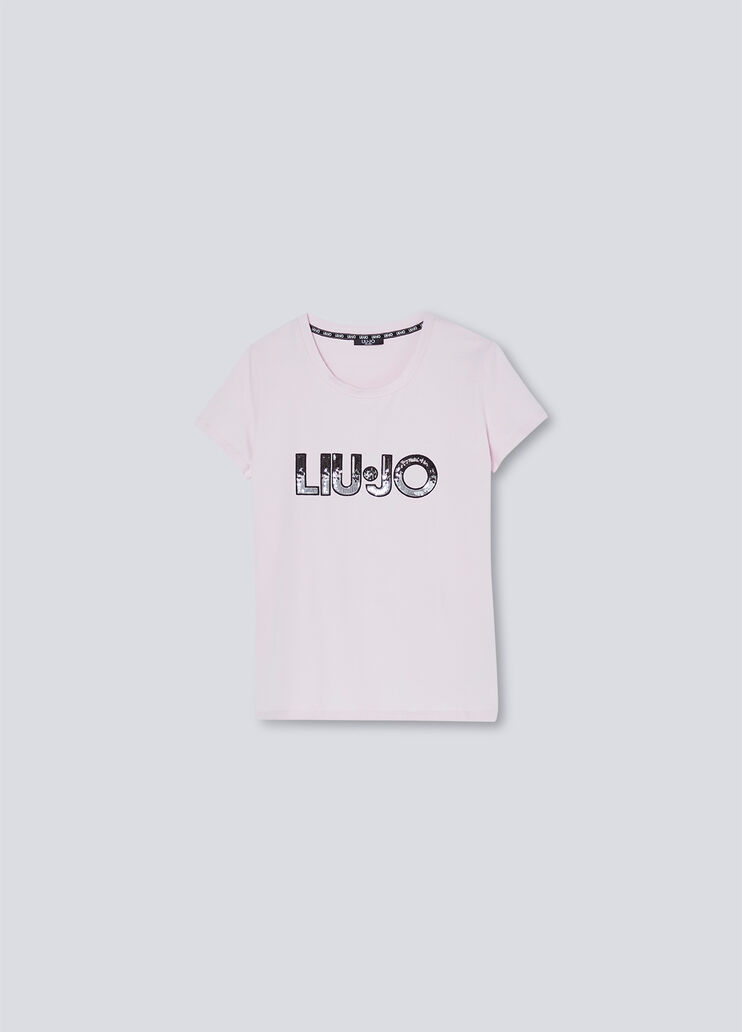 T-shirt with logo and gemstones pink/sequin Liu Jo - large image number 3
