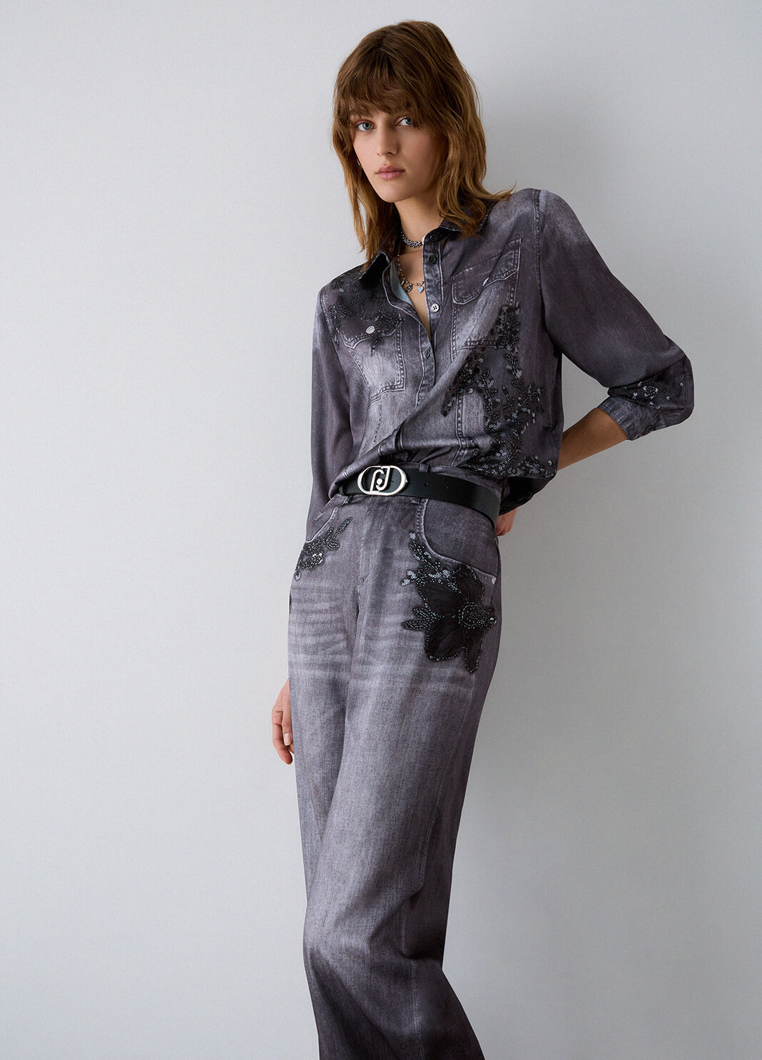 Straight-leg trousers with print digital grey with flowers Liu Jo - large image number 3