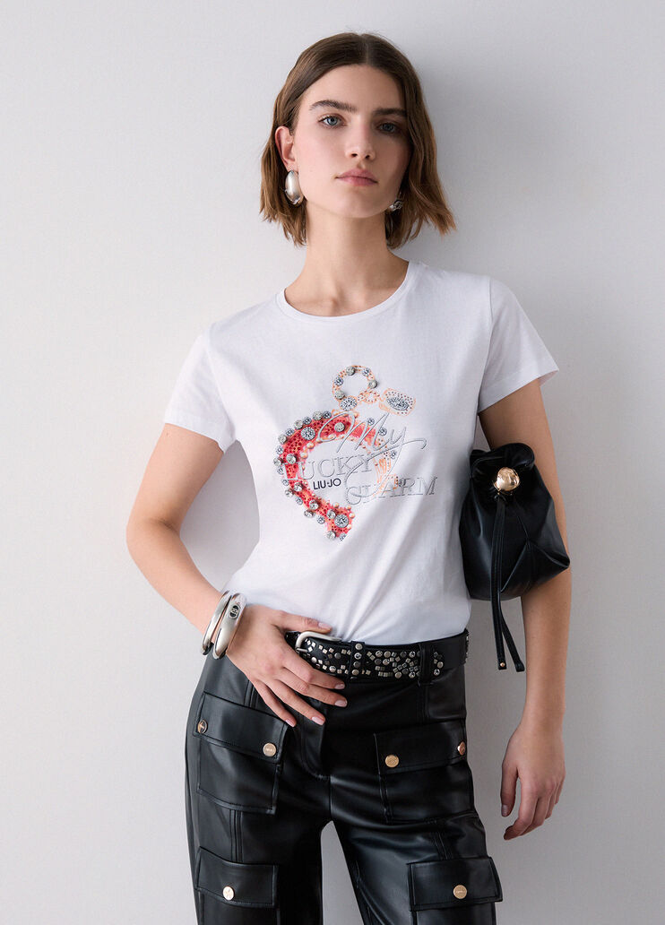 T-shirt with jewel embroidery white/horseshoe print Liu Jo - medium